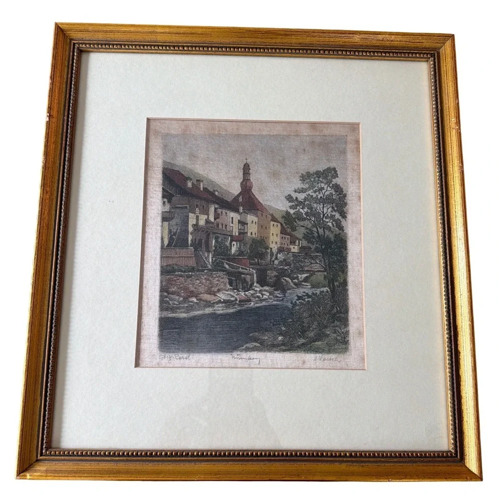 Vintage Signed European Etching Framed Wall Art Set of 3 Gold Frames Estate Find